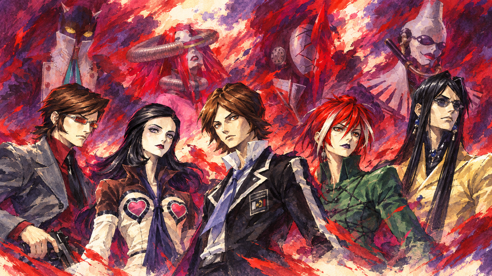 New painterly Persona 2 ensemble illustration inspired by the supplied game artwork