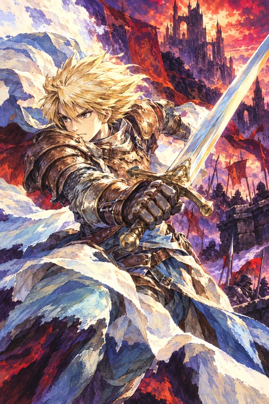 Oersted raises his sword against a luminous storm and a distant medieval castle.