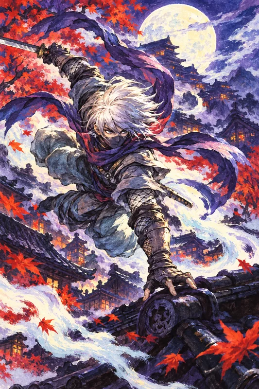 Oboromaru crosses castle rooftops beneath a pale moon, his scarf sweeping through red leaves.