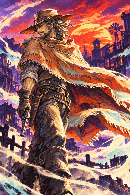 The Sundown Kid stands in a western street as the evening sky burns orange and violet.