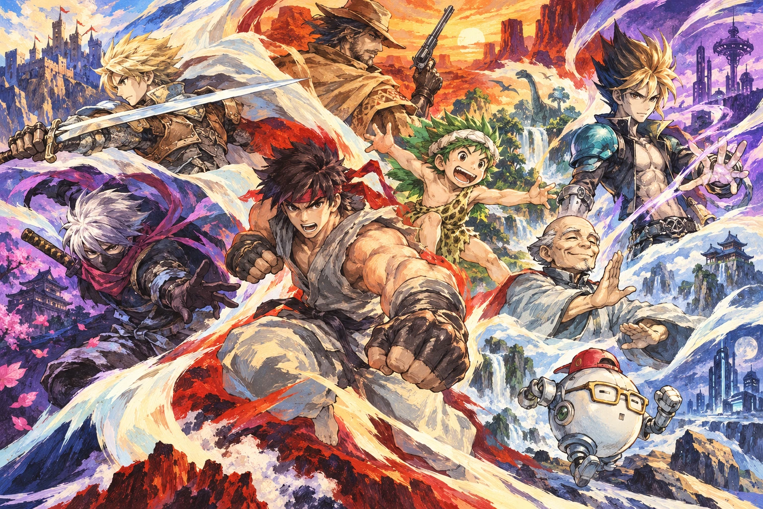 The Live A Live heroes in a new painted fan illustration