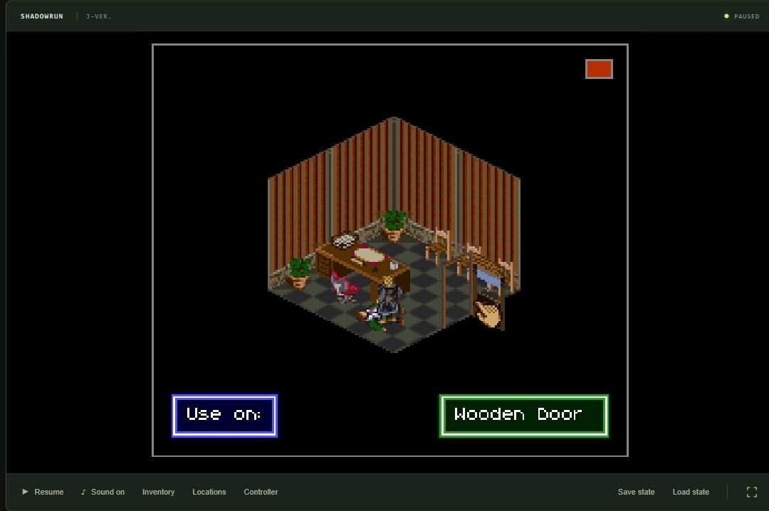 The native JavaScript Shadowrun recreation showing the original hand cursor and Use on prompt in the injured man’s hotel room