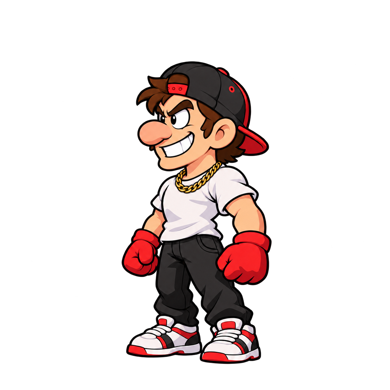 Torpedo wearing a backwards cap, white shirt, red gloves and a gold necklace