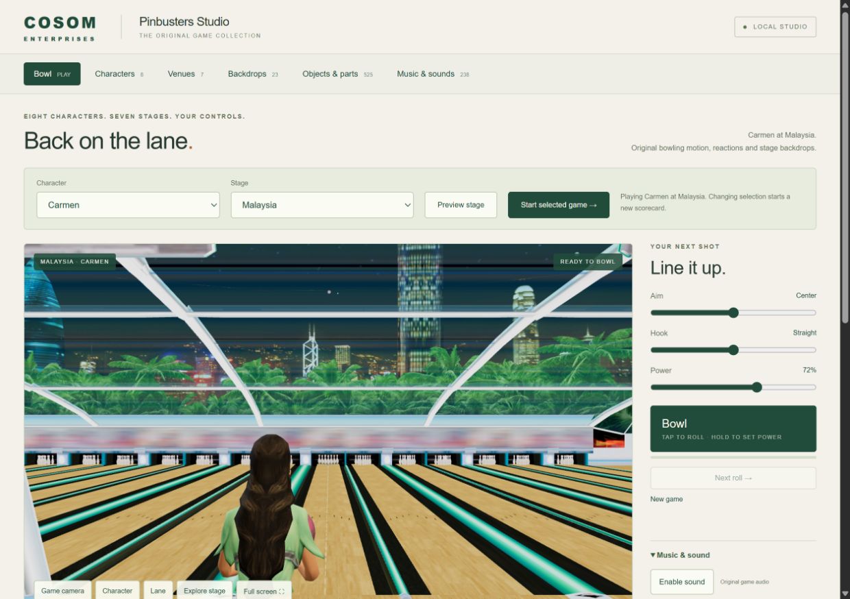Pinbusters Studio showing an original character and bowling venue in the browser reconstruction